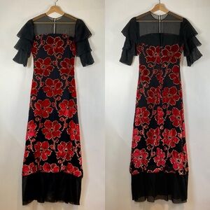 Dark Floral Mesh Velvet Layered Sleeve Long Dress Size XS Black Red  Whimsigoth